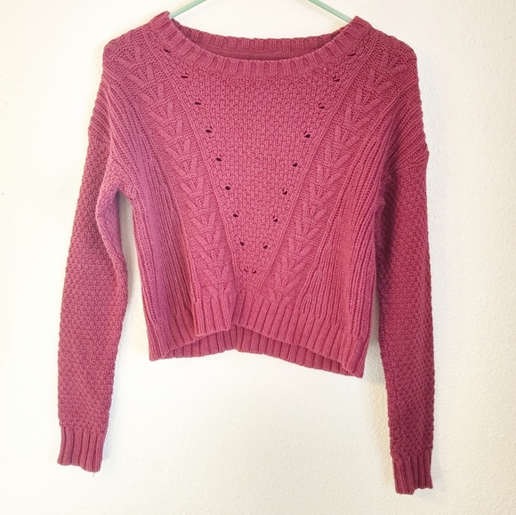 Crop Cable Knit Sweater Burgundy Pink Cotton Blend SO Heritage - Picture 8 of 8
